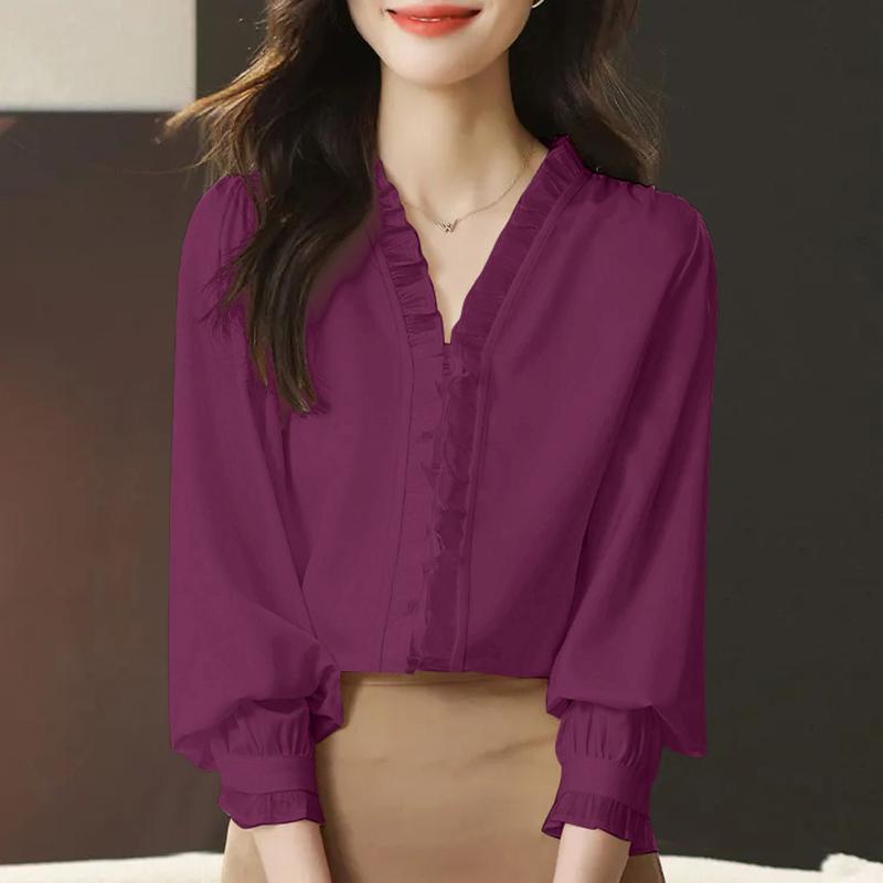 ZANZEA Женская повседневная блузка с V-образным вырезом и длинным рукавом