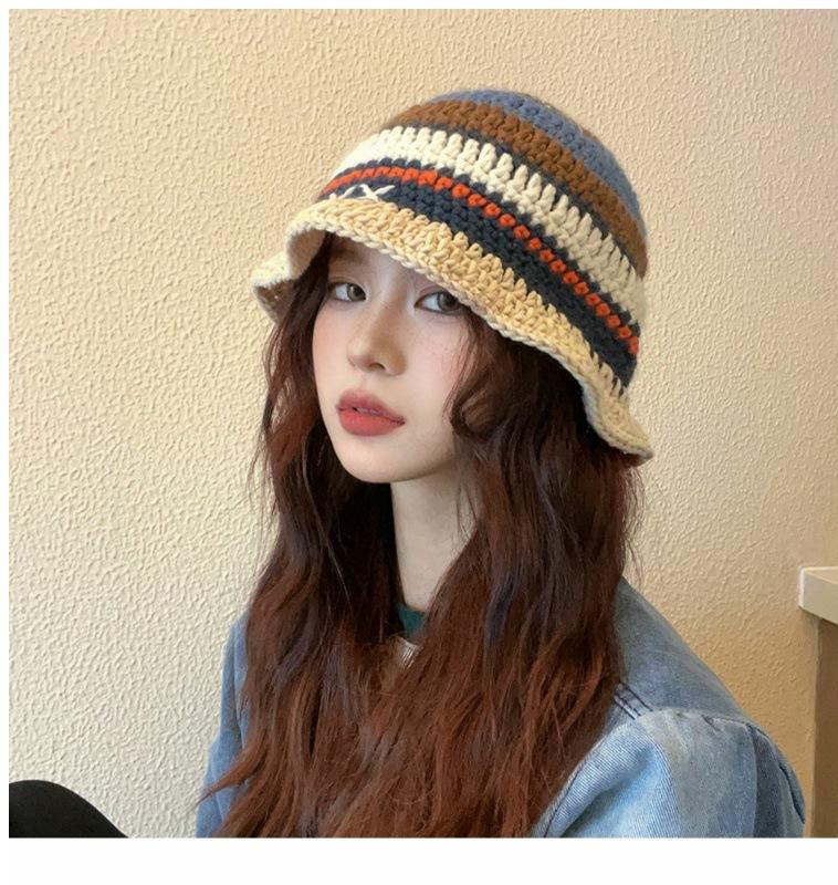 European and American wind wool contrasting colors striped bucket hat men and women autumn and winter face small versatile knitted hat warm hat big he