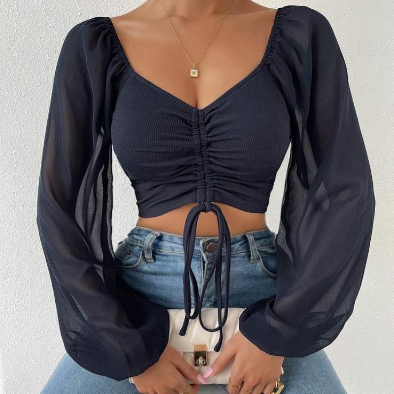 WTEMPO Women's V-Neck Off-Shoulder Blouses Summer Drawstring Bandage Long Sleeve Tops Ladies Korean Fashion Short Clothes