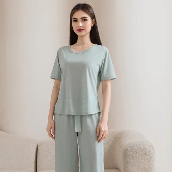 Women's Summer Pajama Set Round Neck Short Sleeve Top And Pants Sleepwear Set Casual Loose Two Piece Lounge Set