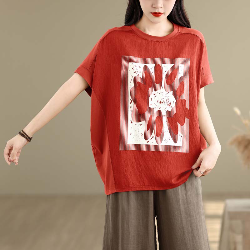 DIMANAF 2025 Летние Топы Большого Размера Хлопковая Футболка с Круглым Вырезом Женщины Рукав Летучая Мышь Принт Свободные Футболки