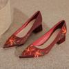 Женские модные туфли на толстом каблуке, осенние, новые, с острым носком, с неглубоким горлом, с вышивкой, на высоком каблуке