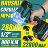 288VF Brushless Electric Impact Wrench 1/2 Lithium-Ion Battery 6200rpm 800 N.M Torque Wrench 110-240V
