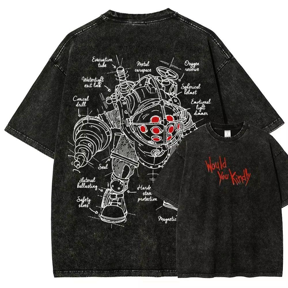 Hot BioShock Game Short-sleeved Washed-out Distressed Pure Cotton Loose Men's and Women's Shirt Large Size