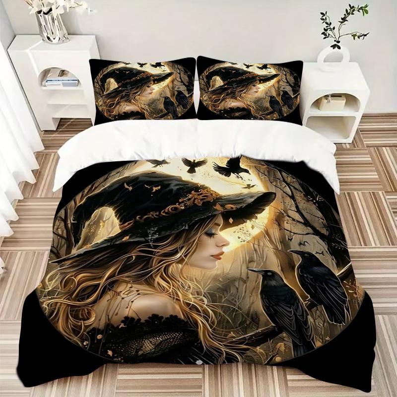 3pcs Witch's Moonlit Journey Bedding Set - Includes Quilt Cover and Pillowcases, Suitable for All Seasons J094
