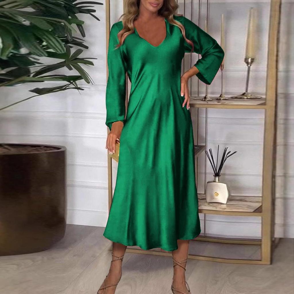 Women's Fashionable Solid Color V Neck Long Sleeved Sexy Jumpsuit A Line Long Dress