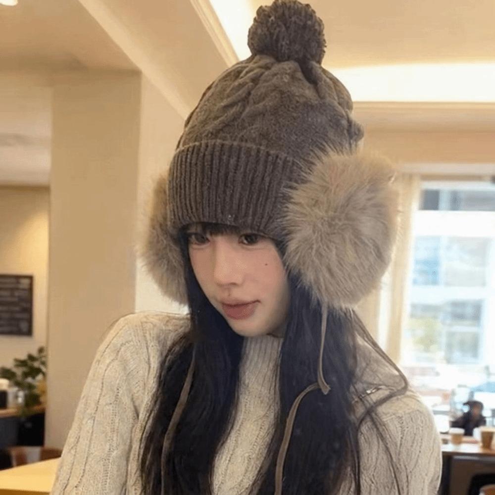 Ear Protection Knitted Trapper Hat Plush Wool Cap Fashion Pompom Beanie with Earflap Boy