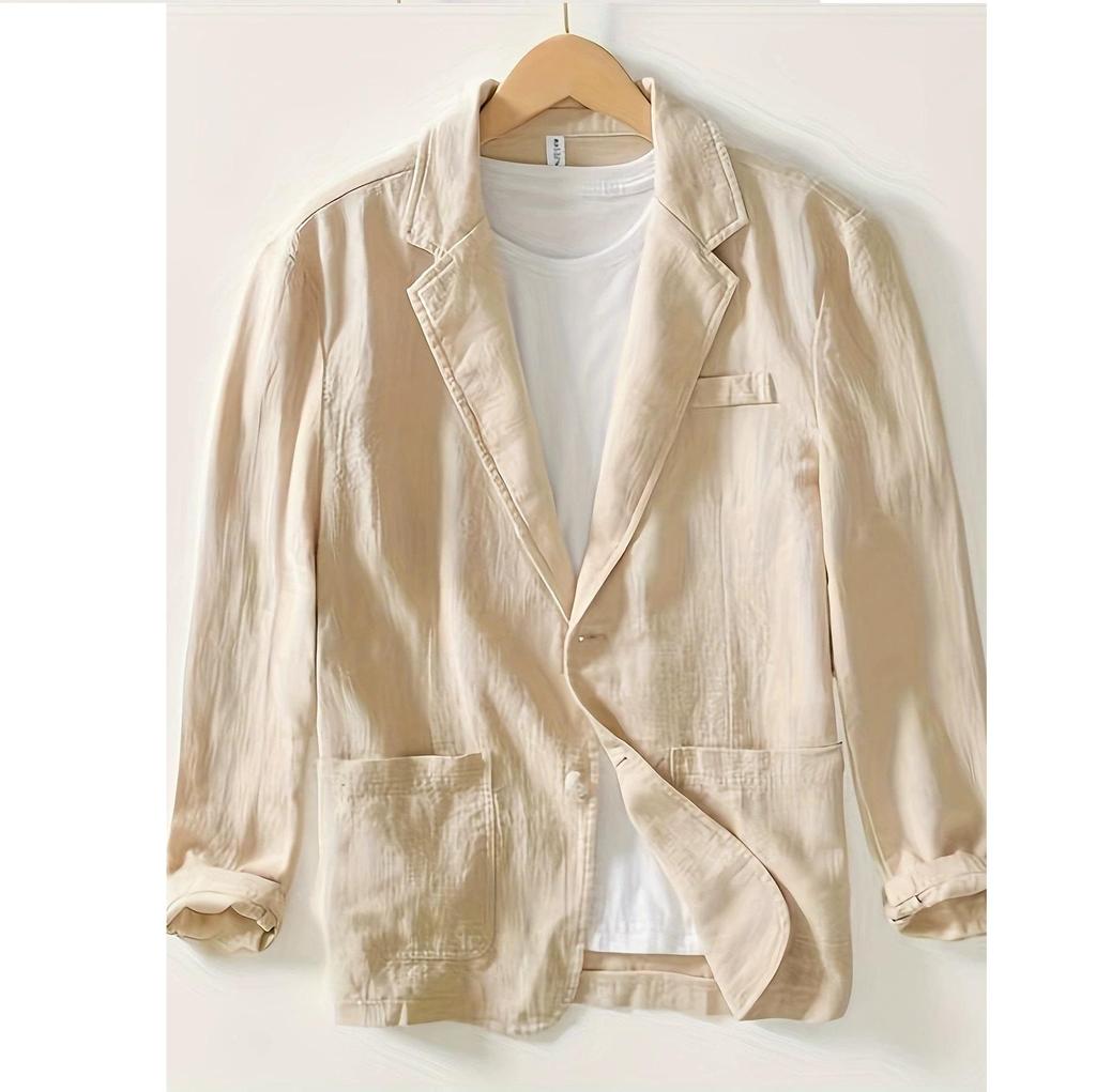 Мужской повседневный костюм, однослойная куртка, однотонный хлопок, лен, повседневный модный мужской топ