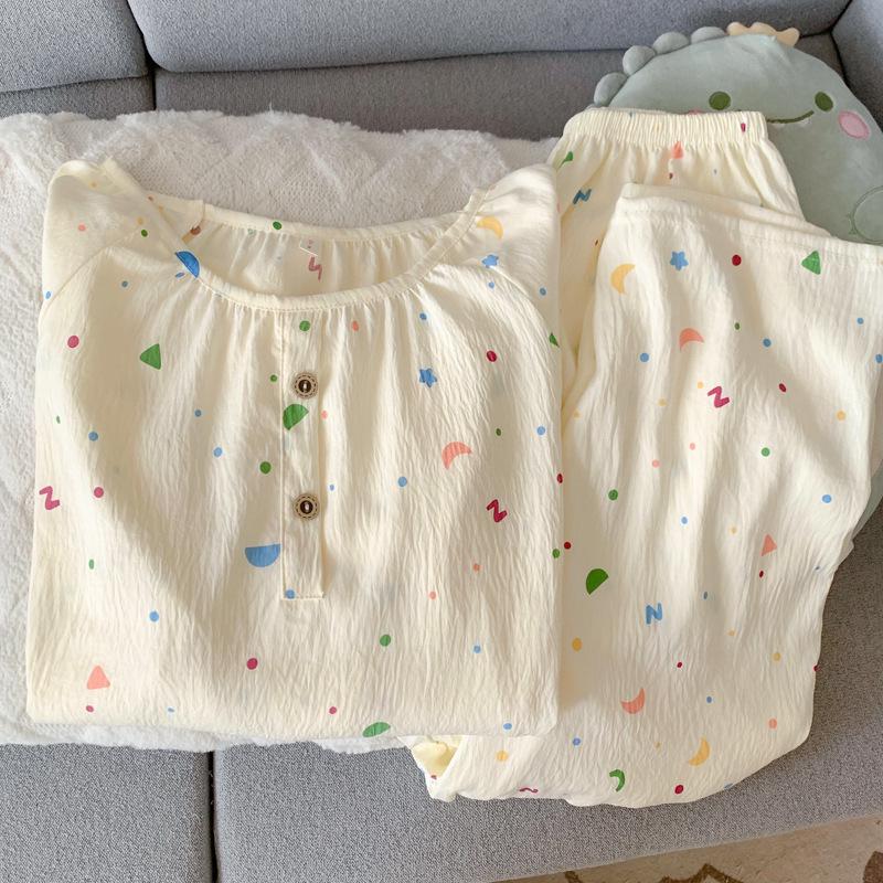 Женский набор пижамы с мультяшным принтом из облачного хлопка – с длинным рукавом, круглым вырезом, больших размеров, для ношения на улице