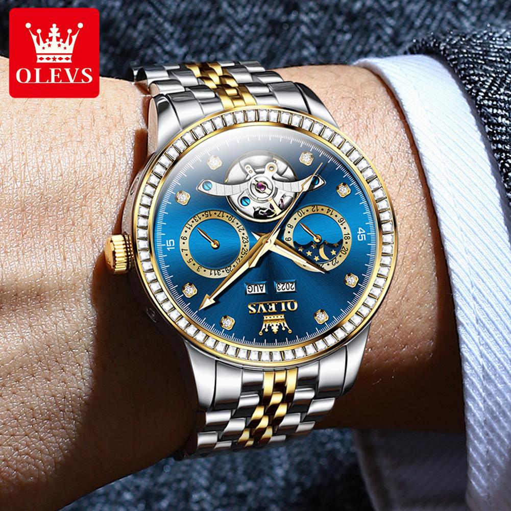 OLEVS 7016 Man Watches Top Brand Original Moon Phase Mechanical Watch For Men Hollow Waterproof Perpetual Calendar Male Clock
