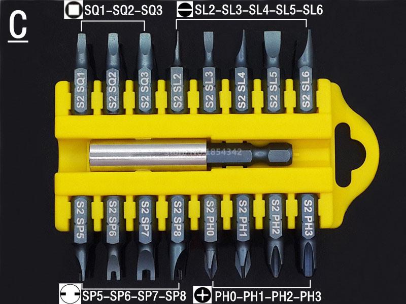 Набор из 17 шт. бит Torx, шестигранных, звездообразных (Security Tamper Proof) из легированной стали S2, с магнитным держателем, шлицевые, крестовые