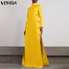 VONDA Женская мода с высоким воротом и длинным рукавом с разрезом, завязанные декоративные платья