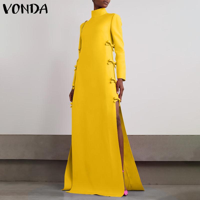 VONDA Женская мода с высоким воротом и длинным рукавом с разрезом, завязанные декоративные платья