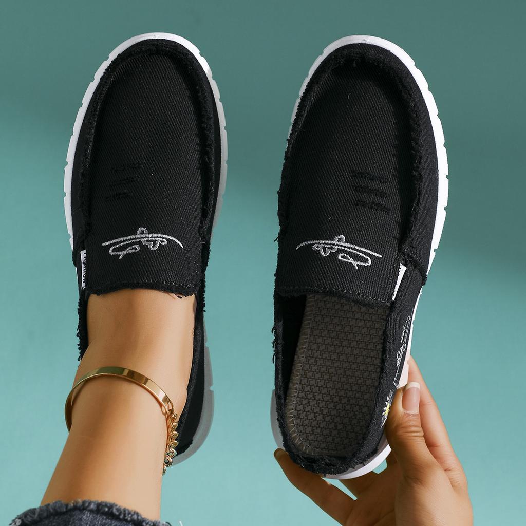 Women'S Casual Low-Top Sneakers with Washed Canvas & Daisy Design