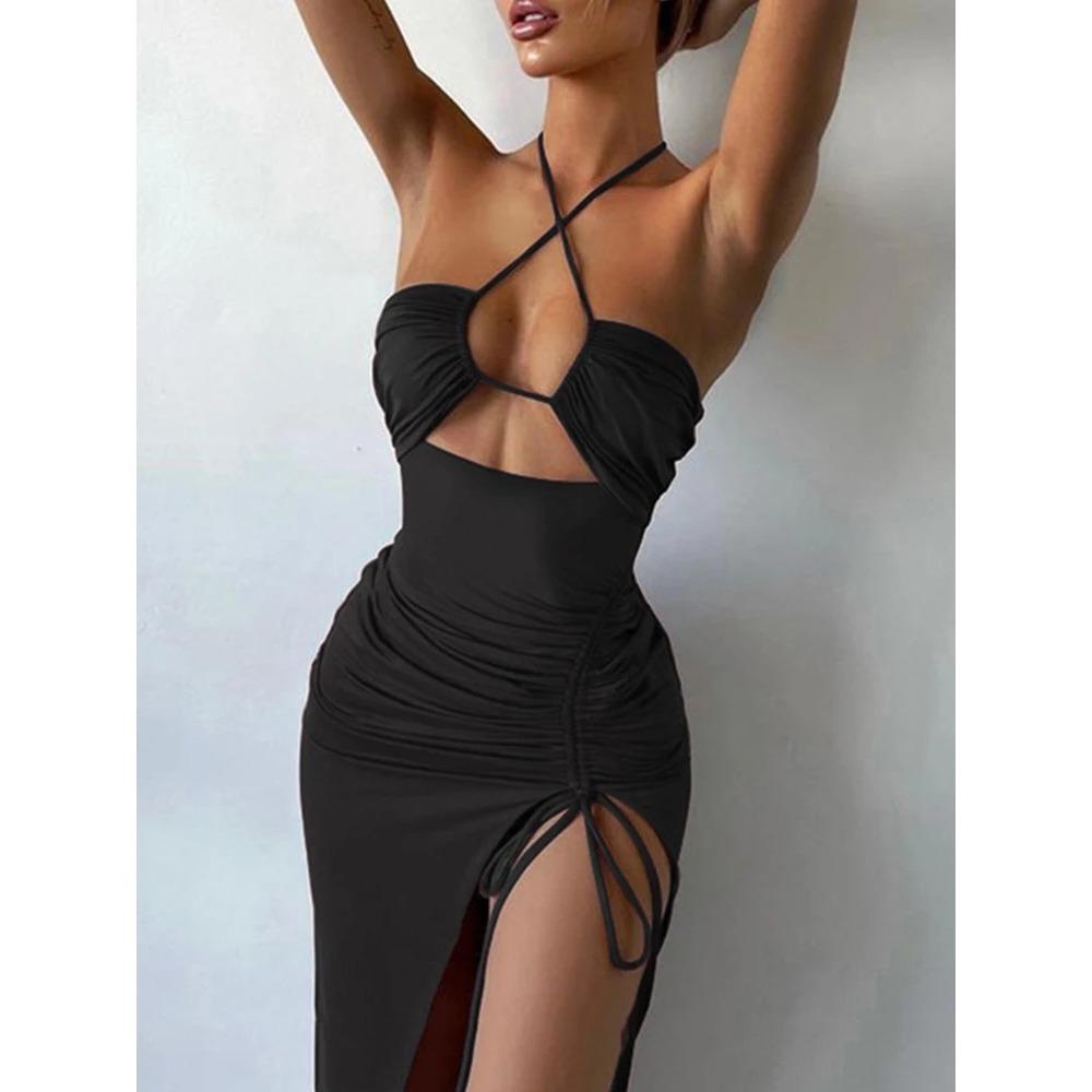 Summer Sexy Dress For Women Sleeveless Backless Hollow Out Party Dress Fashion Lace-up Halter Bodycon Elegant Split Dress