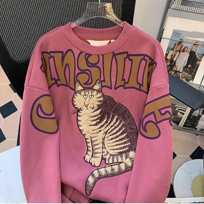 Женский свитшот Хлопок Оверсайз Флис Утепленный Свободный Круглый вырез Повседневный Пуловер Длинный рукав Зимний Свитшот Топ