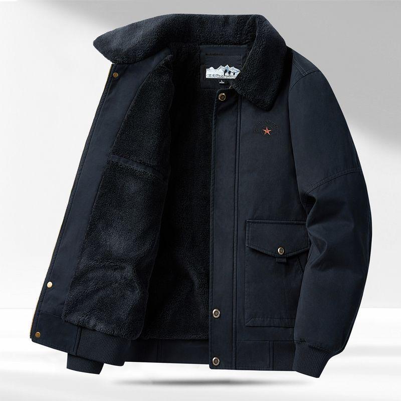 Men's Winter Air Force Pilot Jacket with Velvet, Thick Pure Cotton, Loose Fit, Lapel Design for Middle-aged