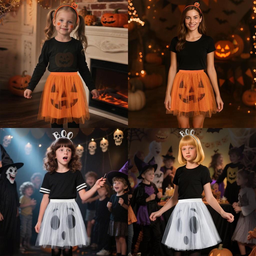 Halloween Ghost Face Pumpkin Veil Dress And Headband Set For Kids
