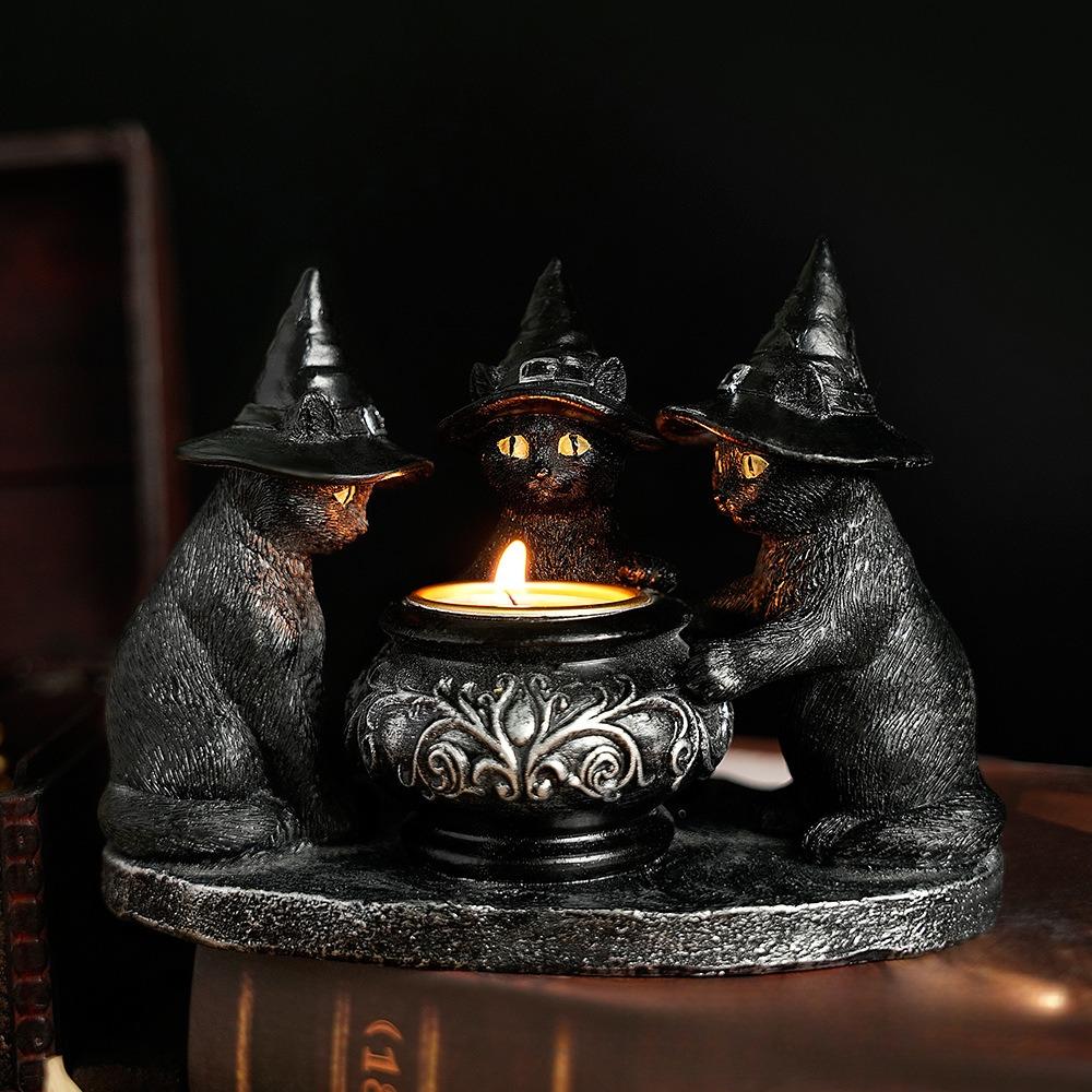Halloween Decoration Figurines Familiar Cauldron Tea Light Holder Black Witches Cats Candlestick Holder Home Bar Table Ornaments