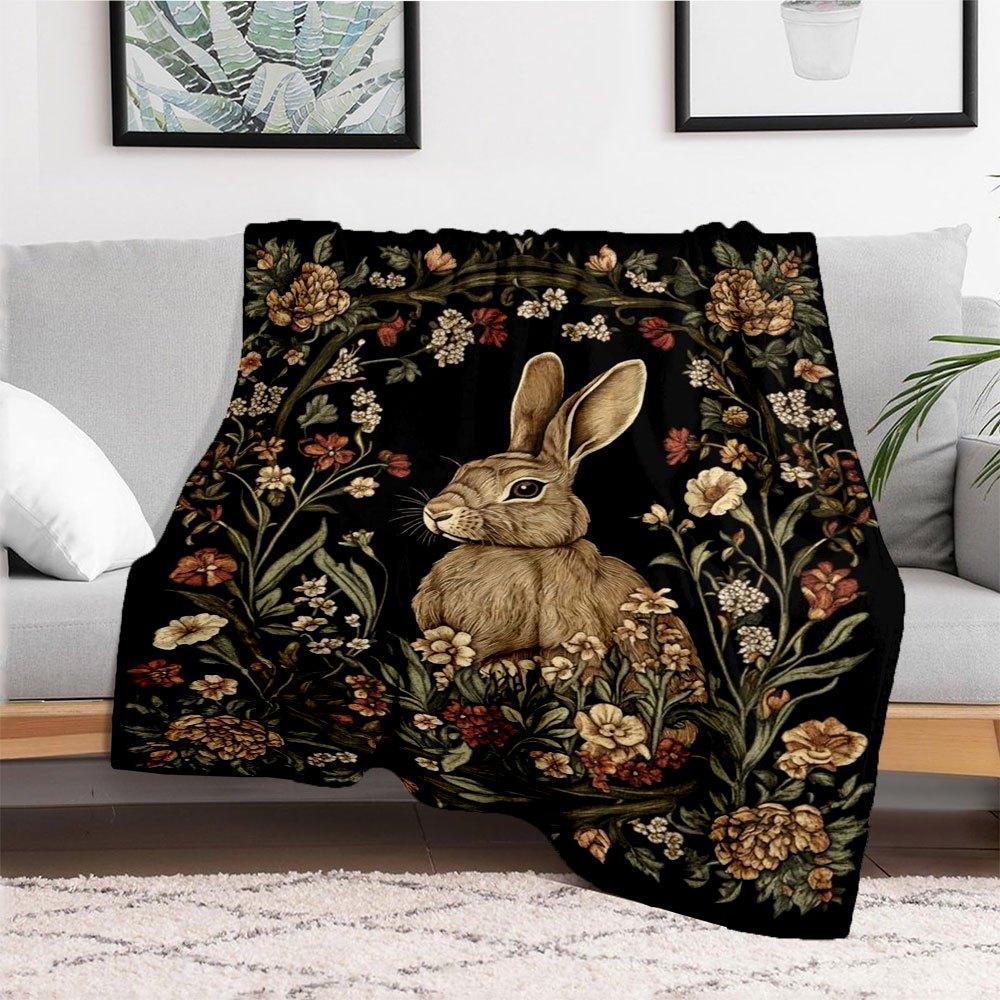 "Rabbit in Flowers: Elegant Wall Art Print"Blanket Flannel Throw Blanket for Sofa, Bed, Travel, Camping, Office, Couch, Chair, And Bed Gift