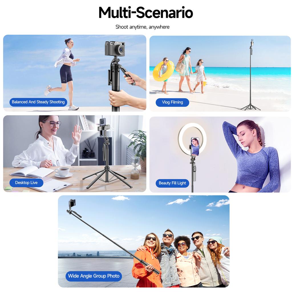 4-Leg Extendable Selfie Stick Tripod for Phone Max. Length 180cm/71in Stable Quadrapod with 1/4