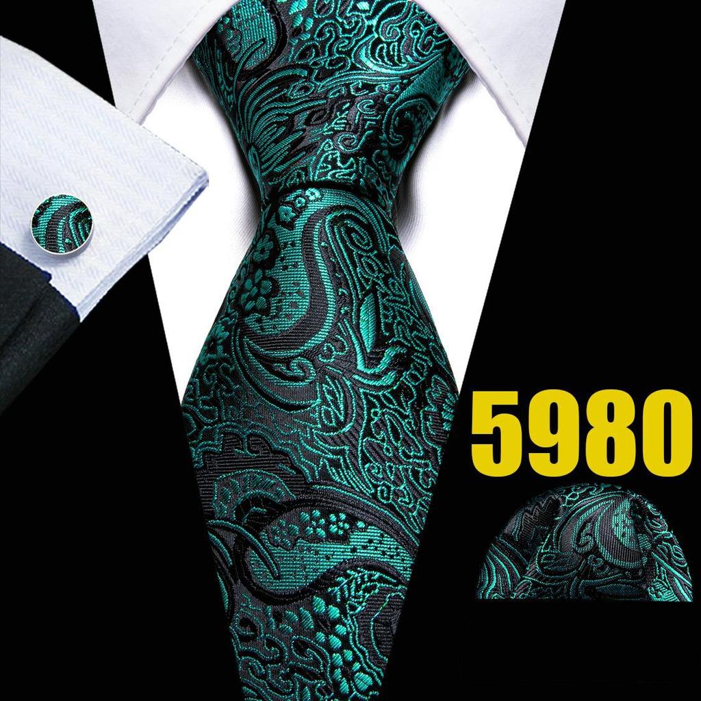 Mens Fashion Neckties Teal Silk Tie Pocket Square Cufflinks Blue&Green Formal Casual Ties