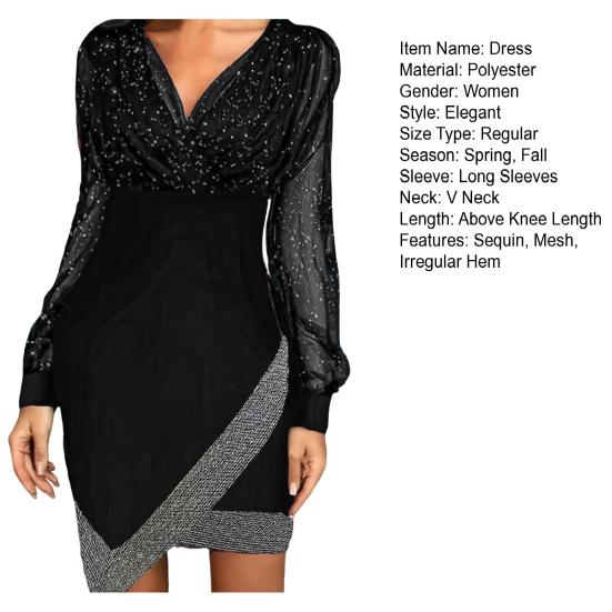 Женское платье весна-осень с V-образным вырезом, рукавами-фонариками, неровным подолом, прозрачной сеткой, пайетками, в стиле пэчворк, сверху