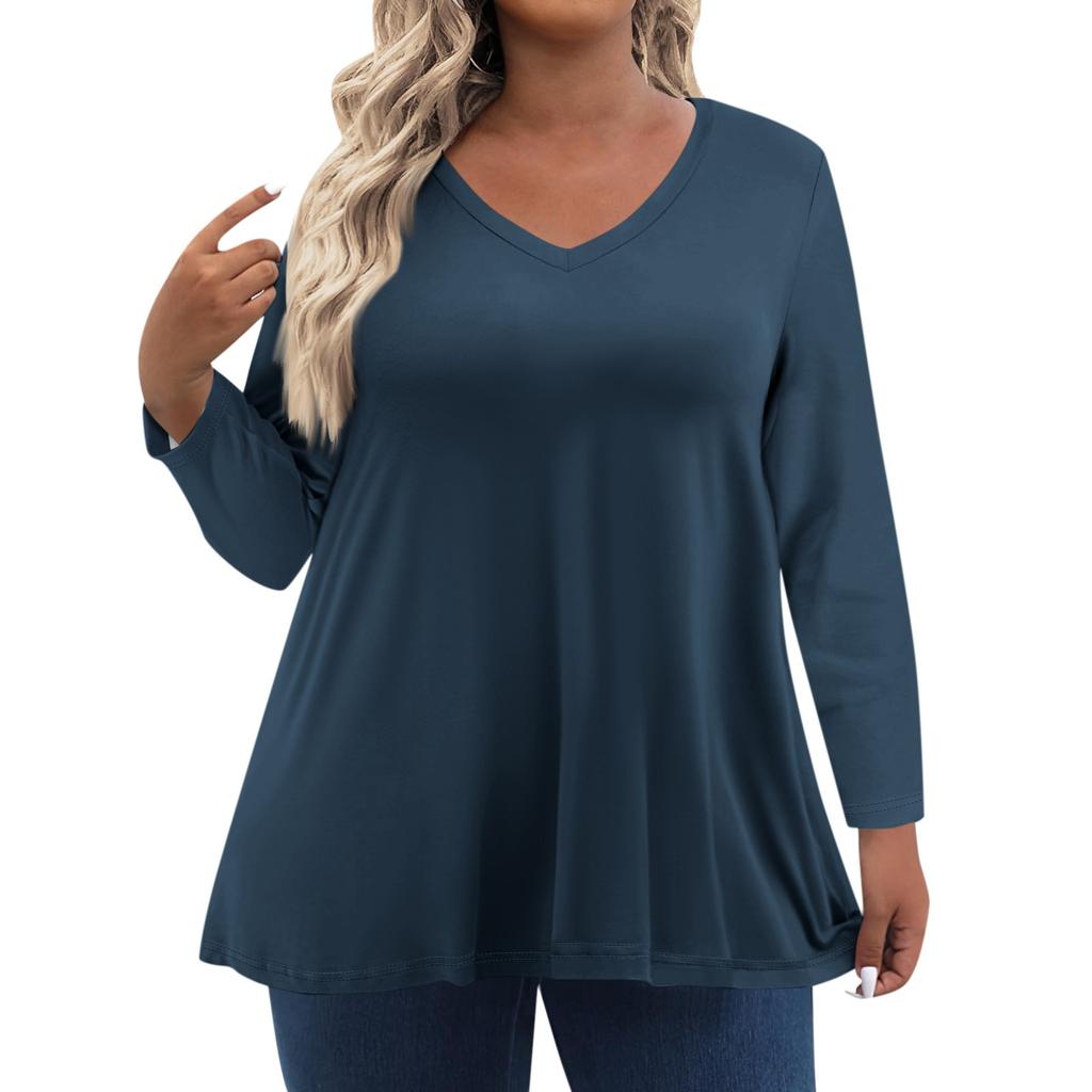 Womens Plus Size Tops Long Sleeve Shirts V Neck Casual Clothing Clothes Solid Color Tops