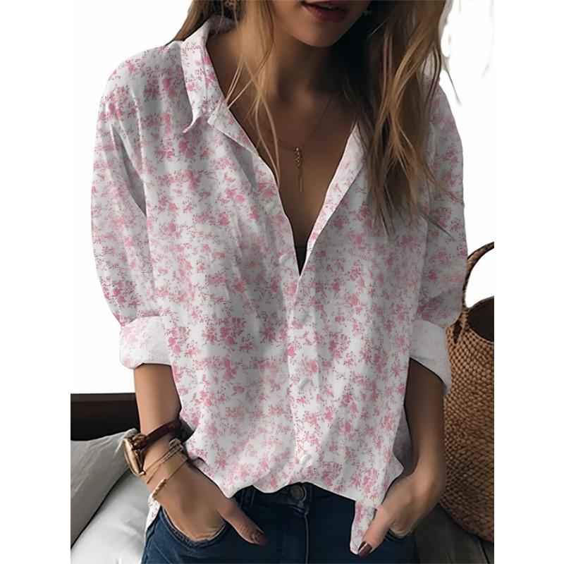 2025 new women's long-sleeved shirt, fresh and light crushed flower print, sweet and elegant style,