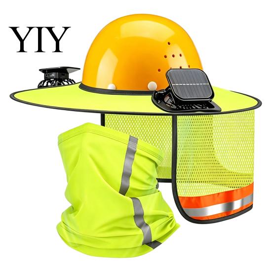 Quick-drying Helmet Cover Hat Neck Shield with Fan, Ventilation Visor Mesh Design, Full Brim Guard Sun Protection for Construction Outdoor Work Hiking