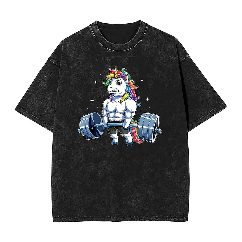 Men T Shirt Unicorn Weightlifting Washed T Shirts Fashion Funny Gym Summer Tees Aesthetic Print Cotton Clothing
