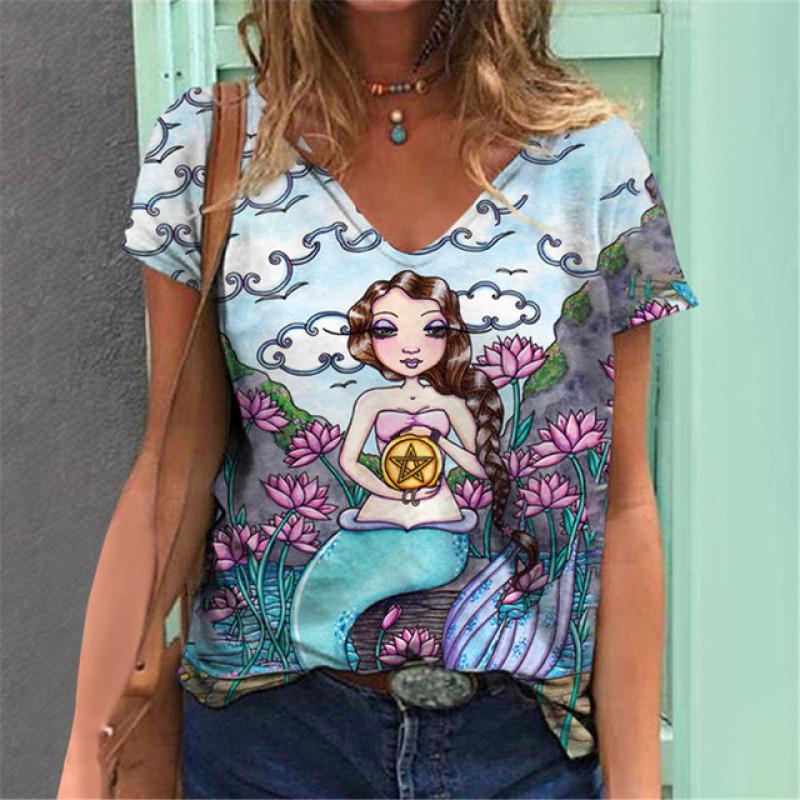 Lightweight Mermaid Digital 3D Print T Shirts Women Versatile Pullover Short Sleeve Summer Casual V-Neck Female Harajuka Tops