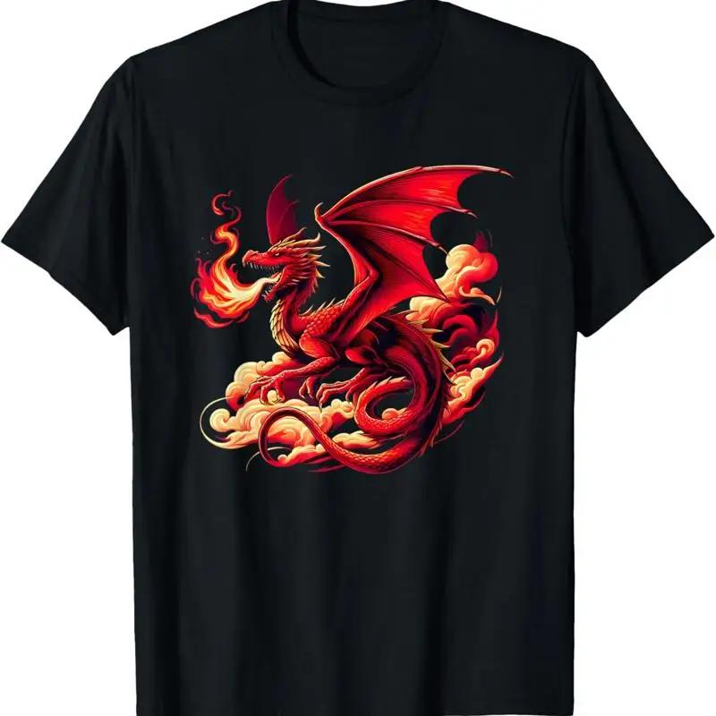 Mythical Red Dragon Breathes Fire On Clouds Boy Girl T Shirt