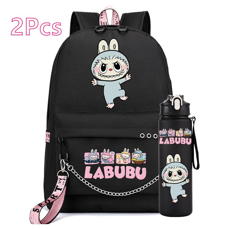 2Pcs/set Anime Printed Backpack Girl Schoolbag Teen Student Back To School Mochila Rucksack Child 750Ml Sport Water Bottle