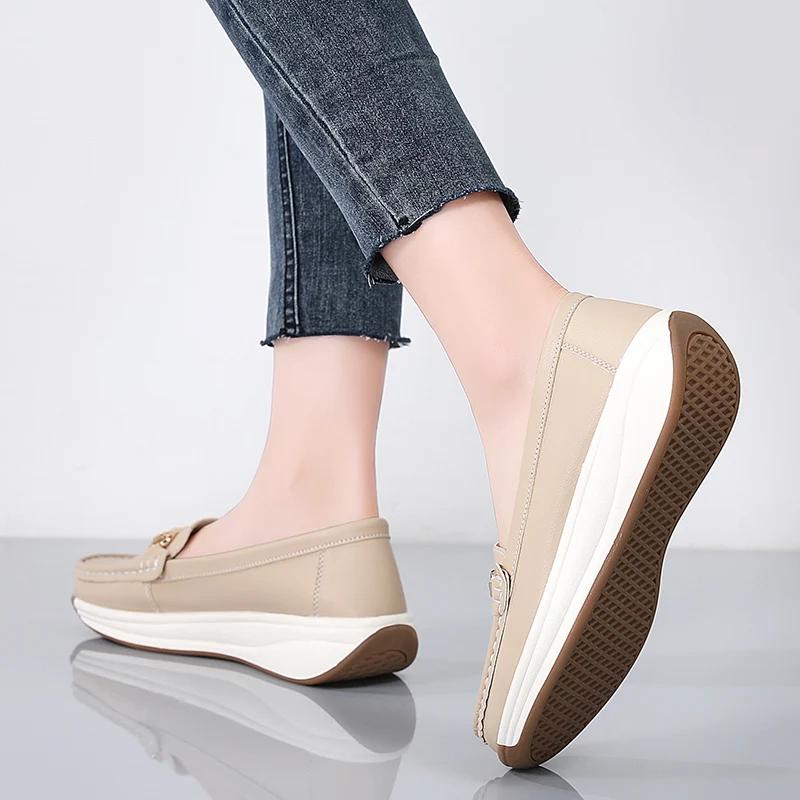 BKQU Spilt Leather Women Casual Shoes Designer Flat Platform Loafers for Women Wedge Sneakers Slip On Ladies Moccasins