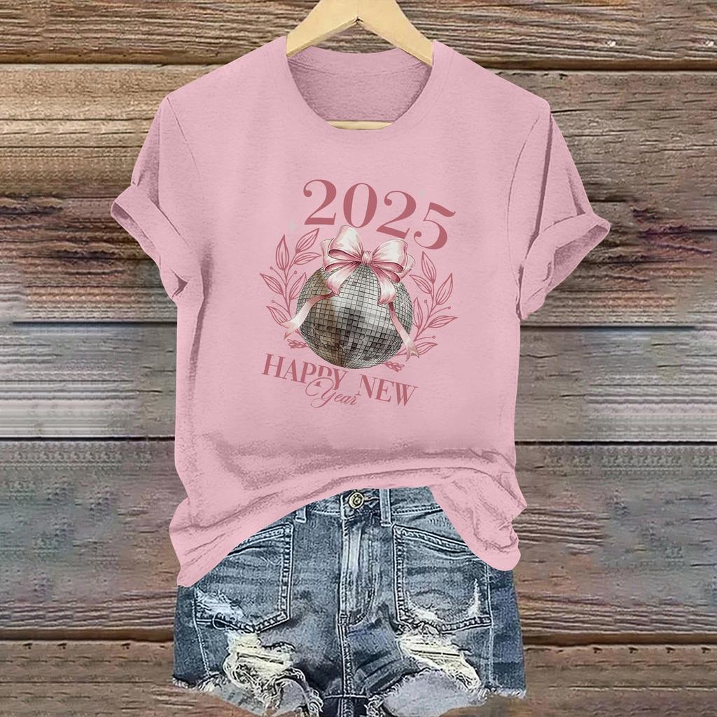 Ladies Casual 2025 New Year Printed Round Neck Short Sleeve T-Shirt Top