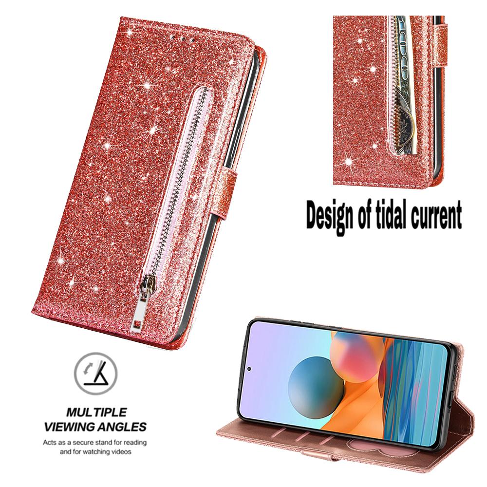 Чехол-книжка из блестящей кожи на молнии для Xiaomi RedMi Note 15 14 13 Pro Plus 5G 15C 14C 13C 12C Mi 15T Pro с кармашками для карт