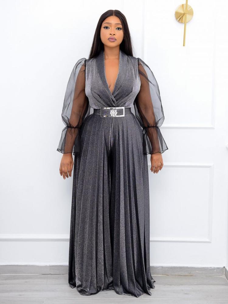 Женские бархатные комбинезоны больших размеров, прозрачные плиссированные широкие брюки с длинными рукавами, цельная одежда, винтажные элегантные вечерние комбинезоны