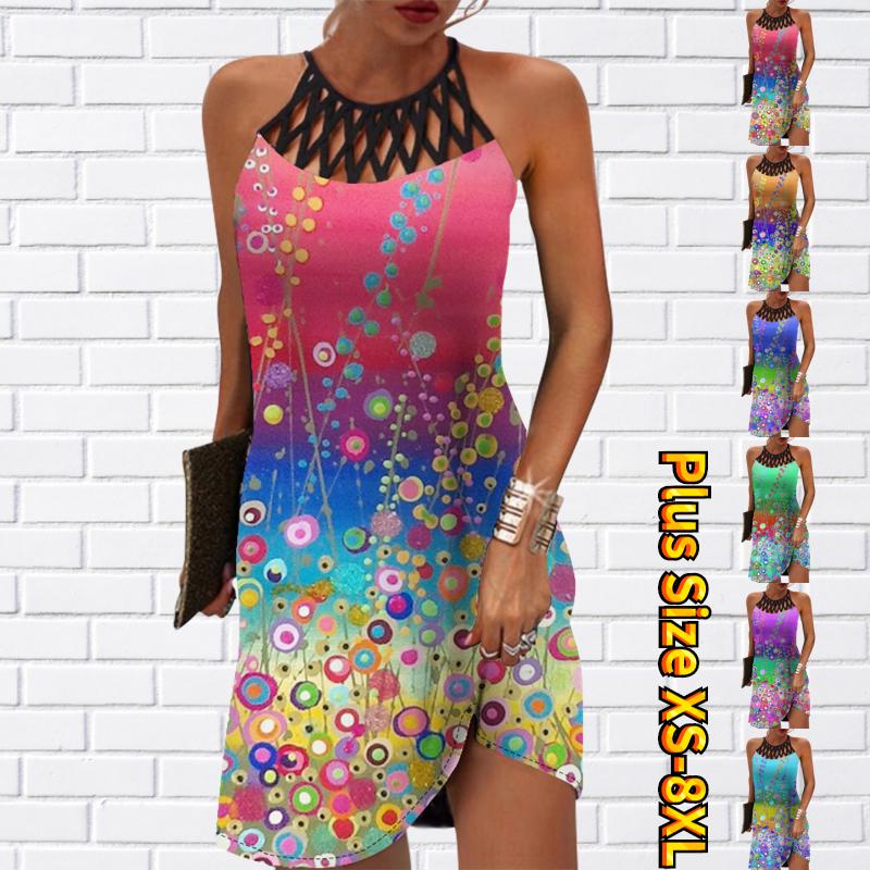 Летнее модное сексуальное платье без рукавов, мягкое повседневное платье с 3D цветным круглым принтом, платье на бретельках без рукавов, летнее платье на подтяжках