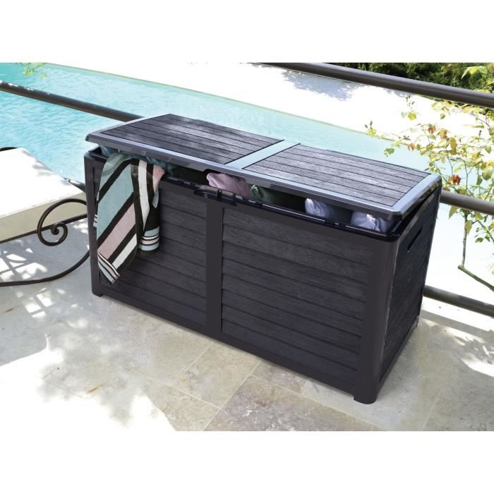 Coffre de jardin en Plastique - EDA - BAYA - 420 L - Décor imitation bois - 117,3 x 54,8 x H. 65,3 cm - Gris anthracite