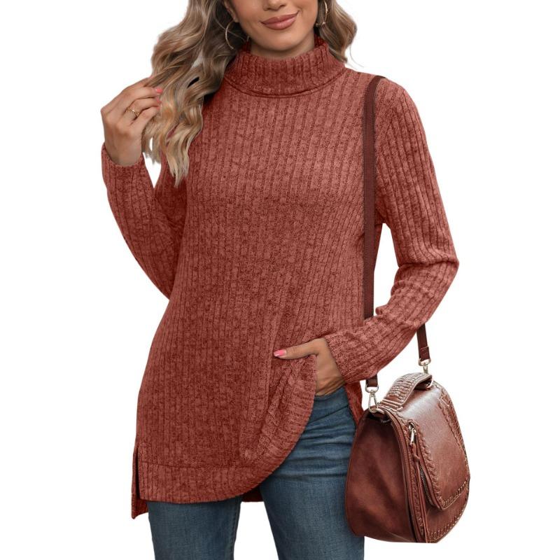 Spring and Autumn Women's Blouse High Neck Bib Side Split Solid Color Long Sleeve Top