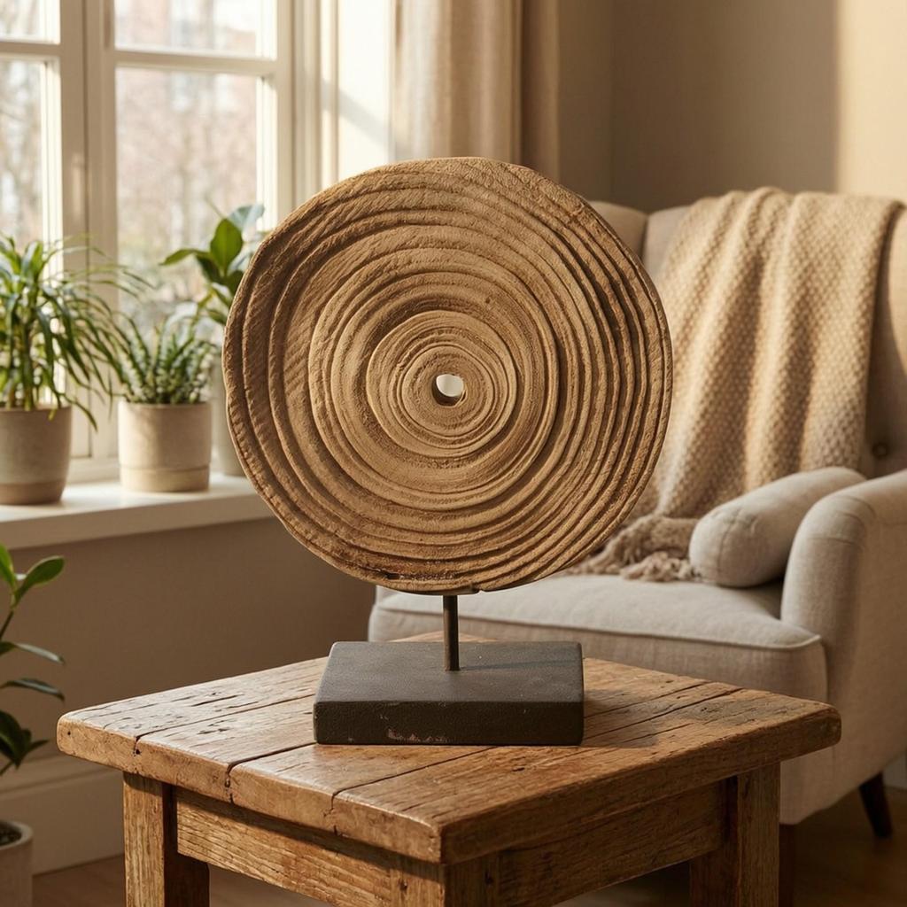 Wood Sculpture with Metal Stand Rustic Decor Minimalist for Hotel