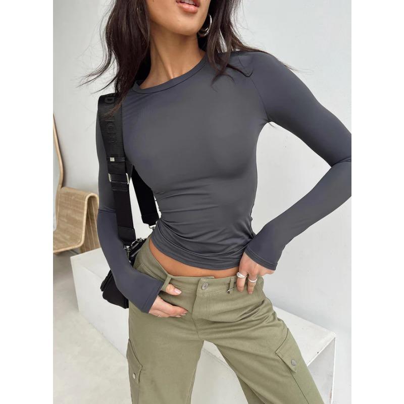 Модная длинная рукава облегающая женская блузка с круглым вырезом повседневная элегантная простая офисная женская короткая рубашка уличная одежда короткие топы однотонная женская одежда