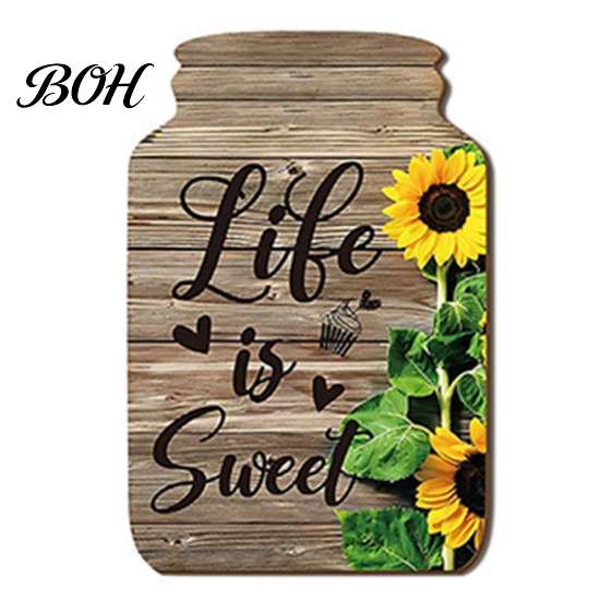 Sunflower Kitchen Signs Mason Jar Shape Wall Decoration, Wooden Art with Print, Country Style Accents Retro Rustic Hanging Decor for Farmhouse Living