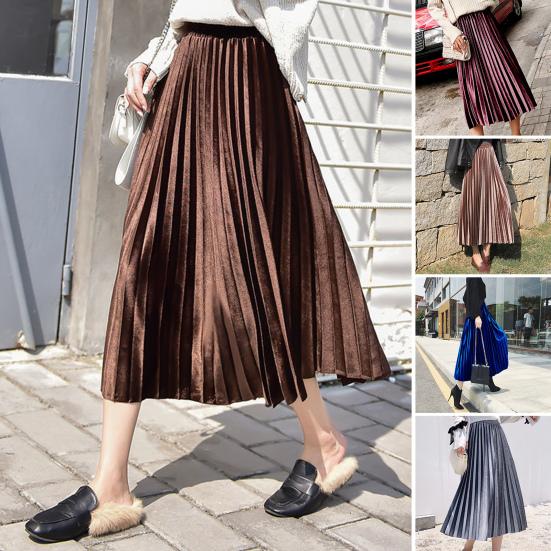 Women Midi Skirt Elastic High Waist Solid Color Loose Fit Long Skirt