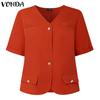 VONDA Женская блузка с V-образным вырезом, коротким рукавом, застегивающаяся на пуговицы, повседневная, элегантная, укороченная
