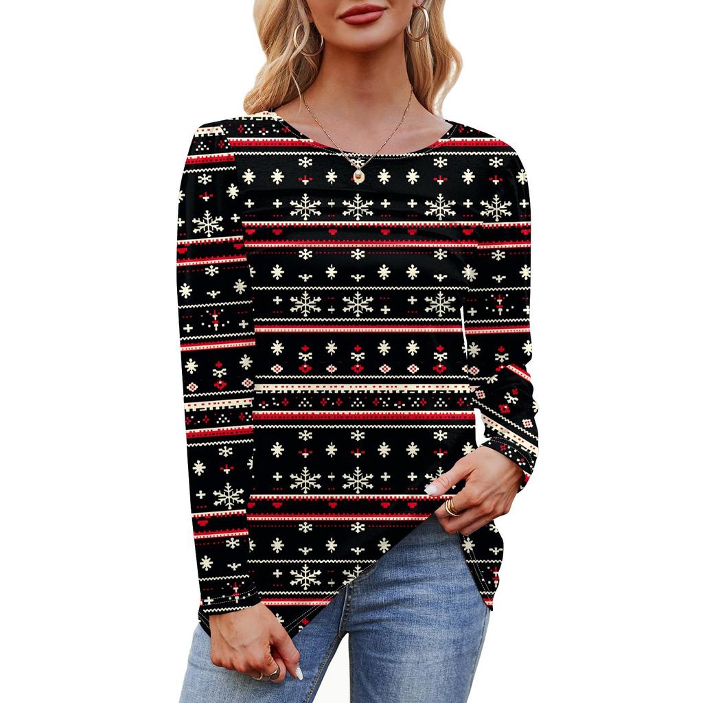 Женская футболка с круглым вырезом и длинными рукавами с принтом рождественской елки и снежинки