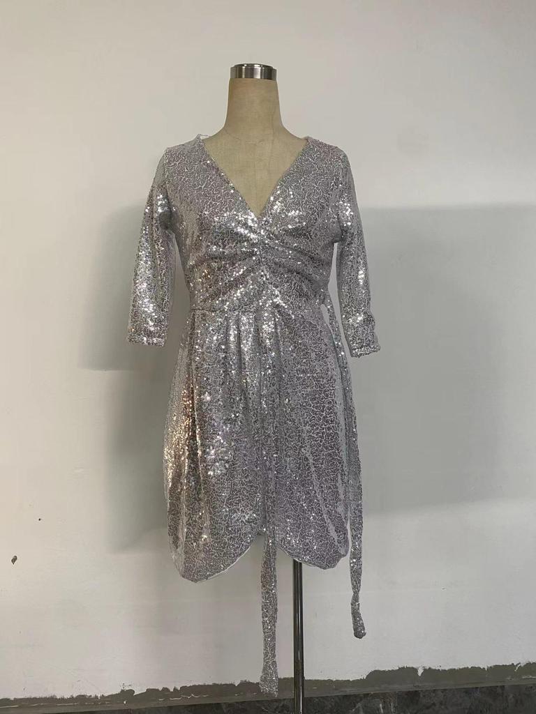 Sexy Long-Sleeve Sequin V-Neck Tie-Up Dress