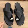 Cowhide Version~ Korean Metal Set of Toe Flip-flops for Women's Outer Wear 2025 Summer New Fashionable Flat-bottomed Cool Slippers