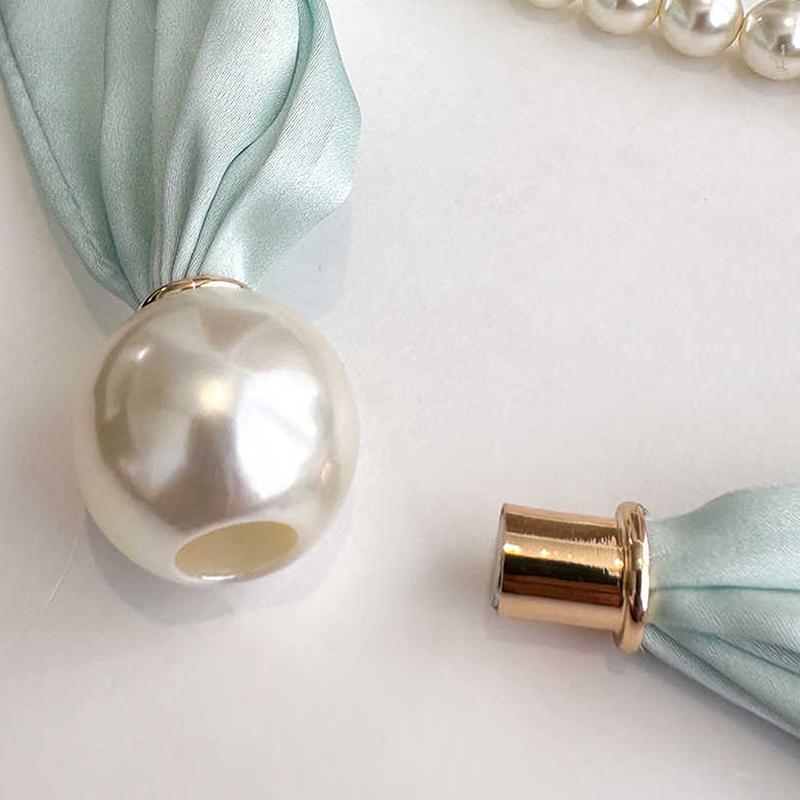 Magnetic Narrow Elegant Satins Neck Scarf Wrap With Pearls Chain Necklace And Buckle For Women Vintage Floral Silk Neckerchief